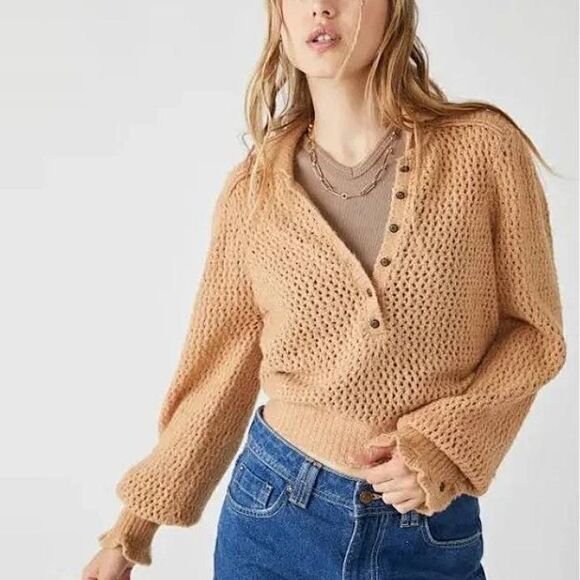 🆕 We The Free Care Snowdrift Knit Collared Henley Pullover in Camel Heather - Picture 2 of 13